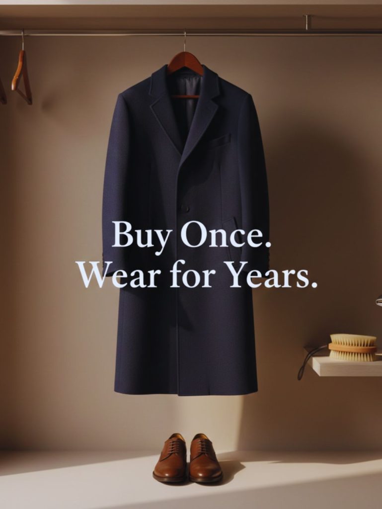 Minimalist wardrobe featuring wool coat and polished leather shoes representing cost per wear investment fashion.