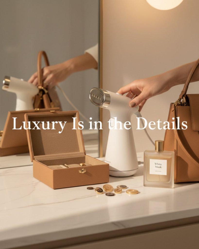 Flat lay of garment steamer, matte buttons and leather tote representing invisible details of soft luxury style.