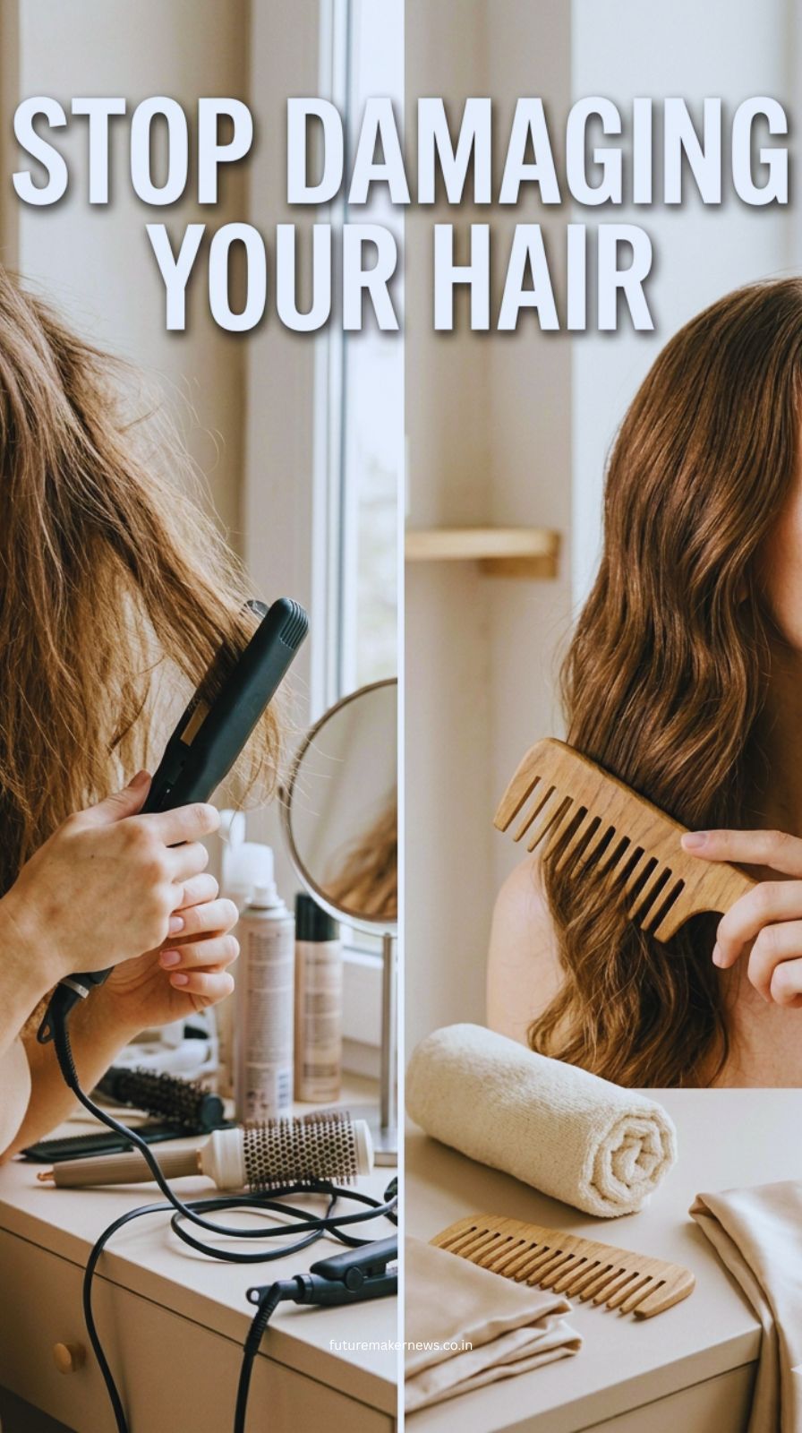 Split image showing damaged frizzy hair with heat tools contrasted with smooth healthy natural hair and minimal styling tools.