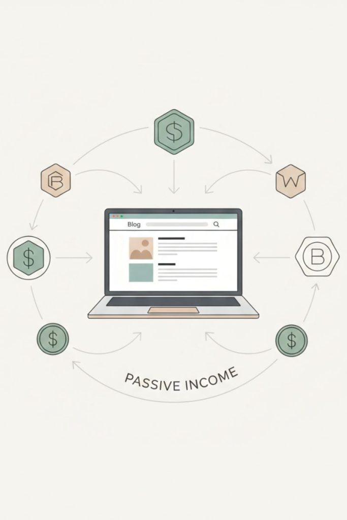 Illustration showing affiliate marketing process where blog traffic converts into commission income.