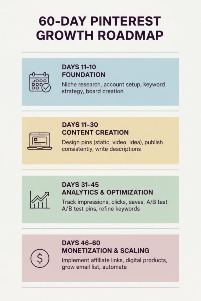 Vertical infographic showing a structured 60-day roadmap for growing Pinterest traffic, affiliate income, and email subscribers.