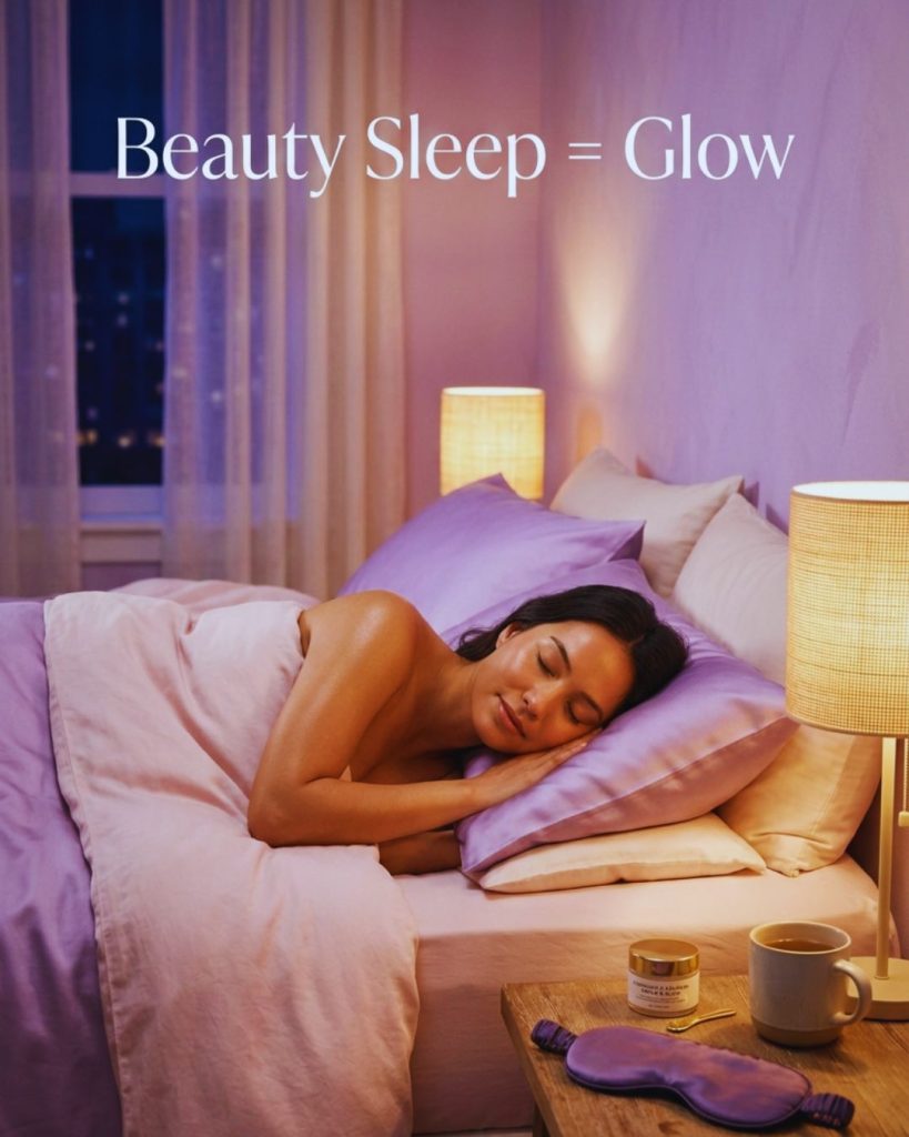 Woman resting on a silk pillowcase in a softly lit bedroom with skincare products on the nightstand.