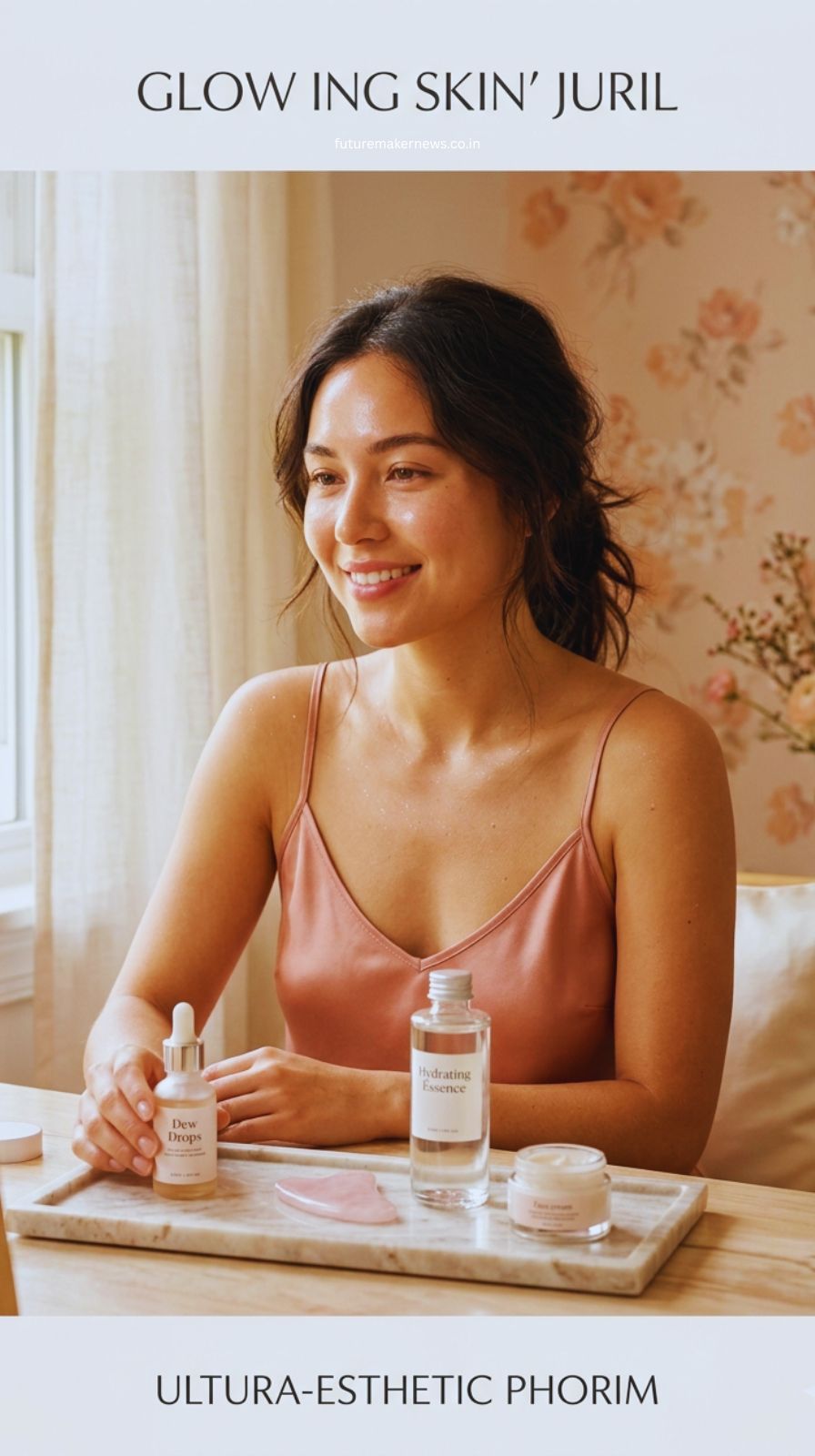 Glowing woman with dewy skin sitting at a vanity with skincare products and gua sha tool in a soft pastel bedroom aesthetic.