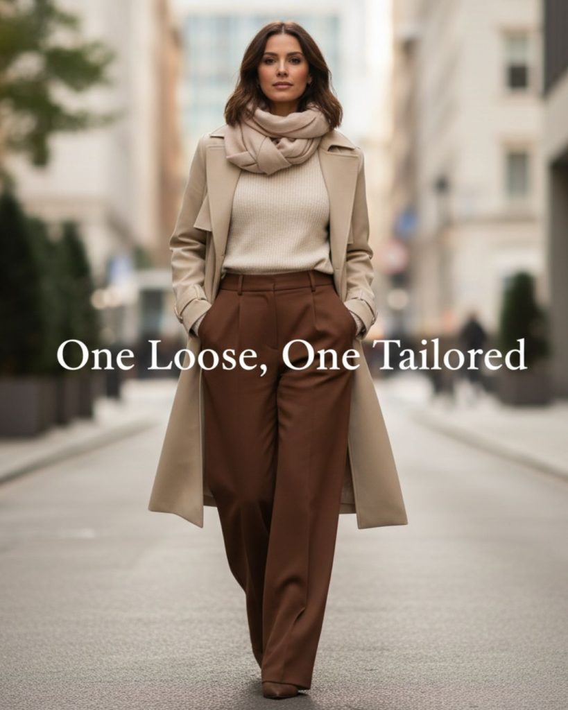 Woman wearing wide-leg trousers with fitted knit and trench coat demonstrating soft luxury silhouette balance.