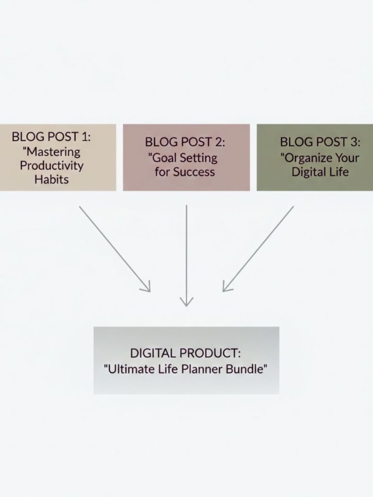Infographic showing multiple blog posts driving traffic to a single digital template product.