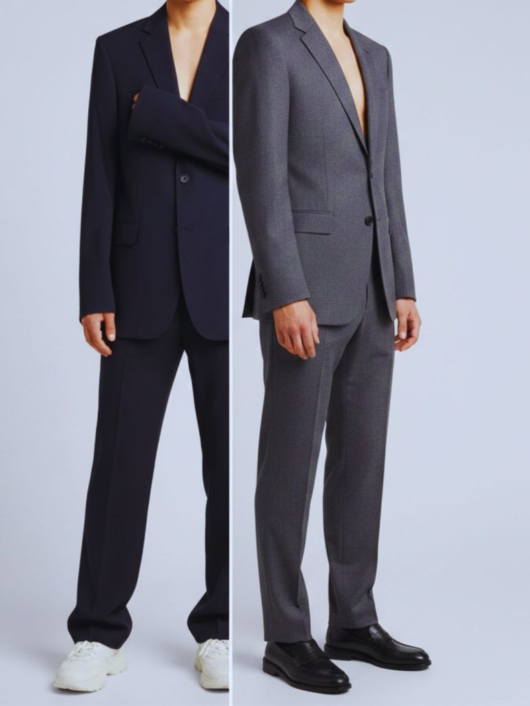 Comparison of poorly fitted blazer versus tailored blazer showing proper shoulder alignment and trouser break.