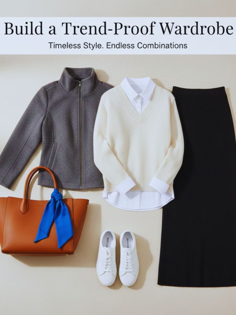 Flat lay of funnel-neck jacket, v-neck knit, column skirt and structured tote representing trend-proof 2026 wardrobe essentials.