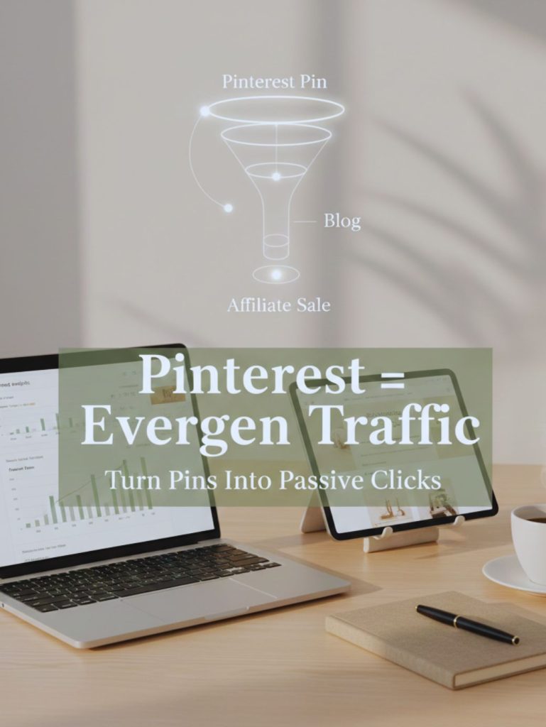 Minimalist workspace with laptop showing Pinterest analytics and blog page, illustrating Pinterest funnel strategy for evergreen traffic and affiliate marketing income.