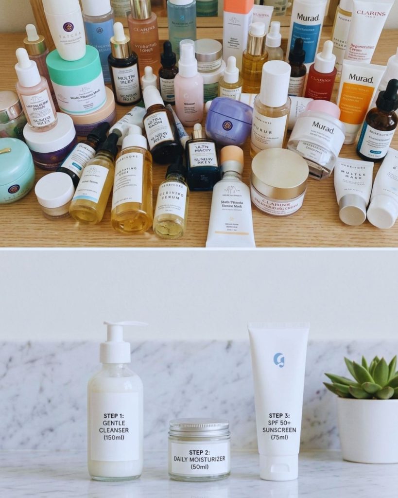 Cluttered skincare collection compared to simple minimal routine setup.