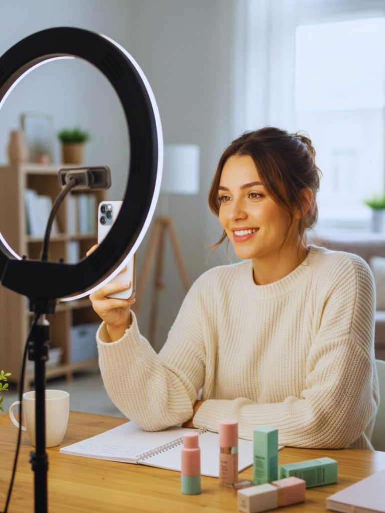 Content creator filming product review video for brand collaboration.