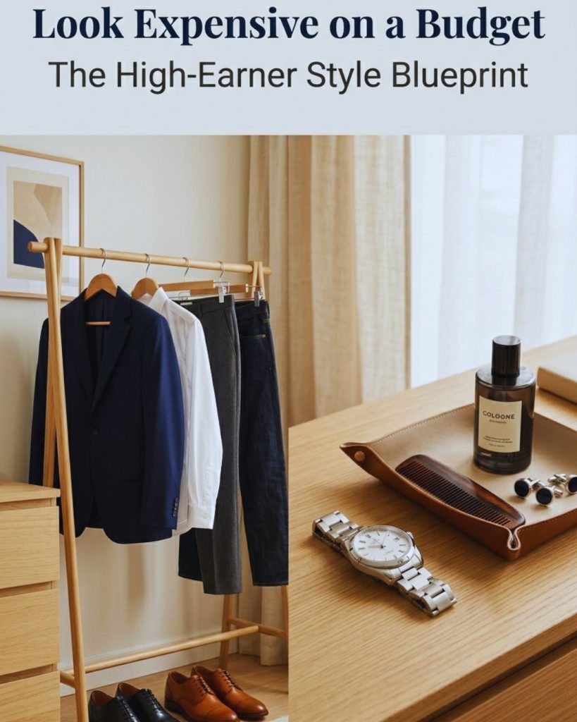 Capsule wardrobe with navy blazer, neutral outfits, leather shoes, and watch arranged neatly in minimalist bedroom setting to represent upgrading style affordably.