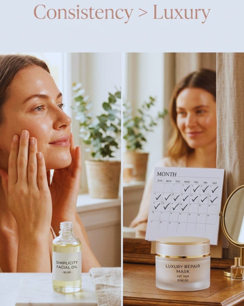 Minimal facial oil and daily massage routine contrasted with a luxury skincare jar to represent consistency over expensive products.