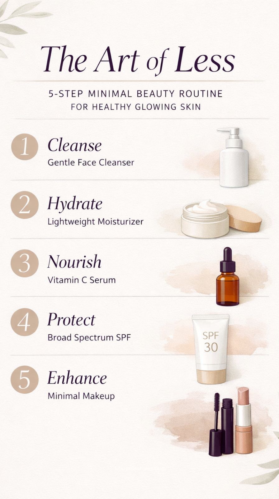 Minimalist skincare routine with cleanser, serum, moisturizer, and sunscreen arranged on a clean neutral background.