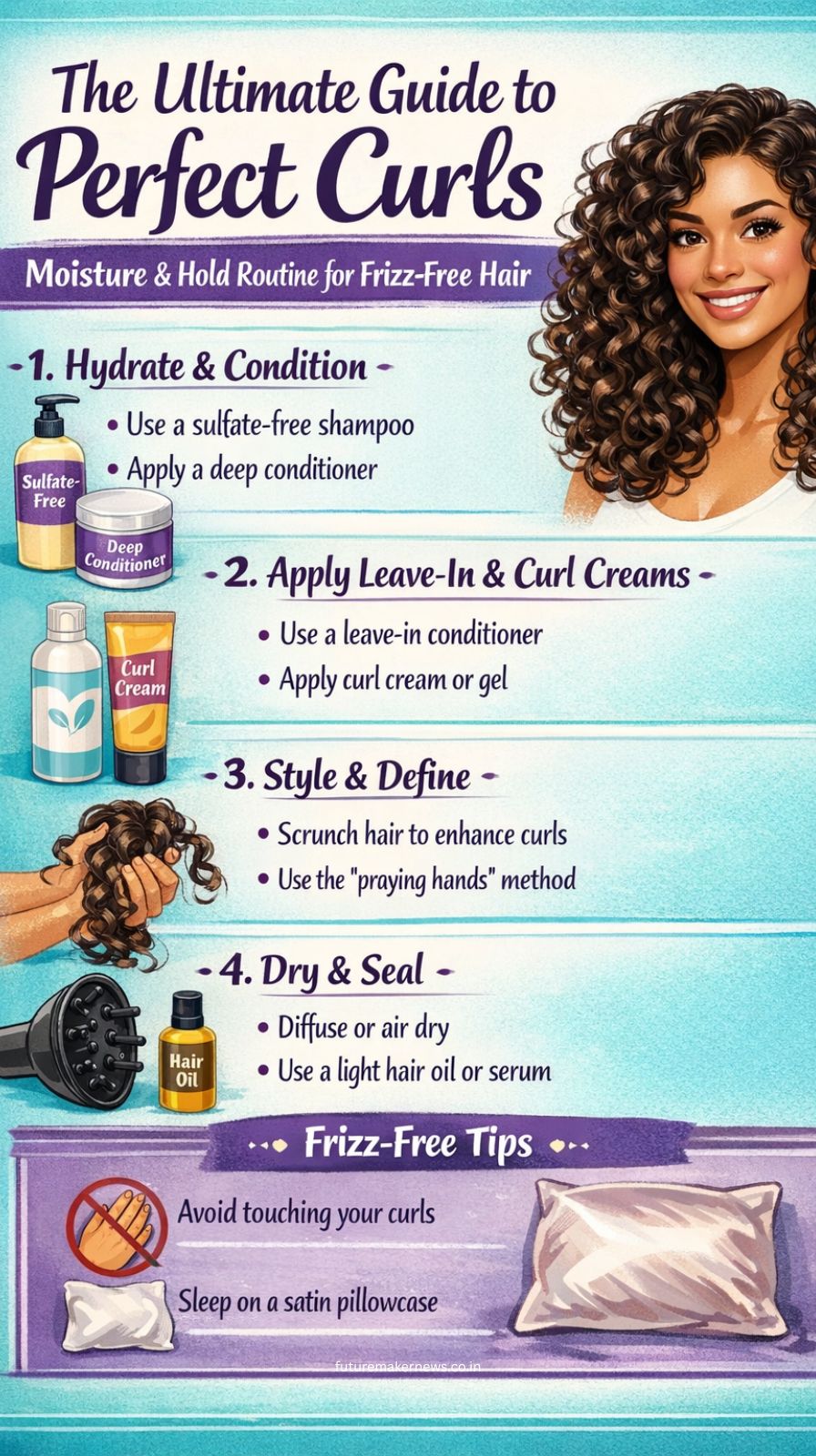 Person with healthy defined curly hair showing frizz-free curls with shine and volume.