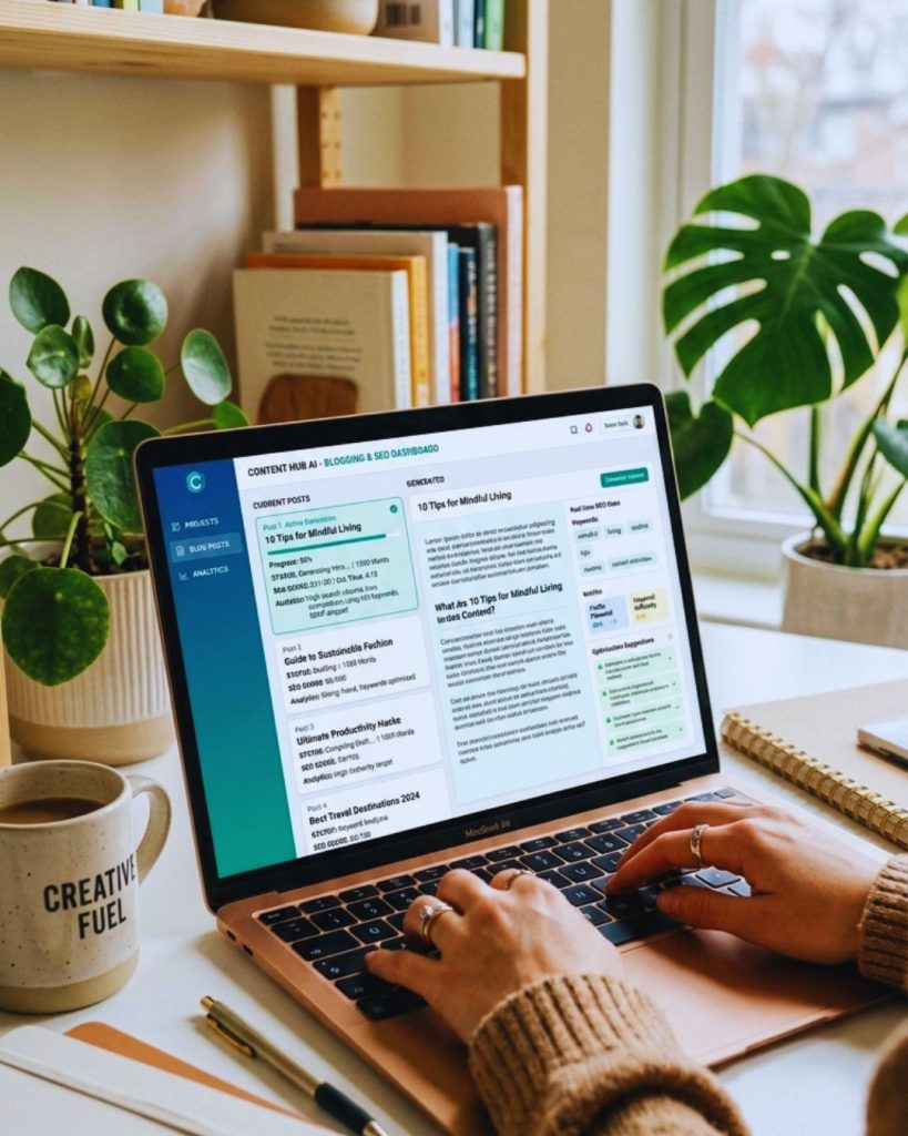 AI writing software generating blog content with SEO optimization dashboard.