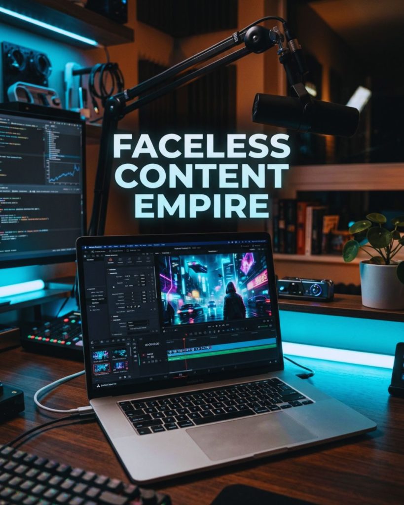 AI-generated video production workflow creating faceless content for passive income channels.
