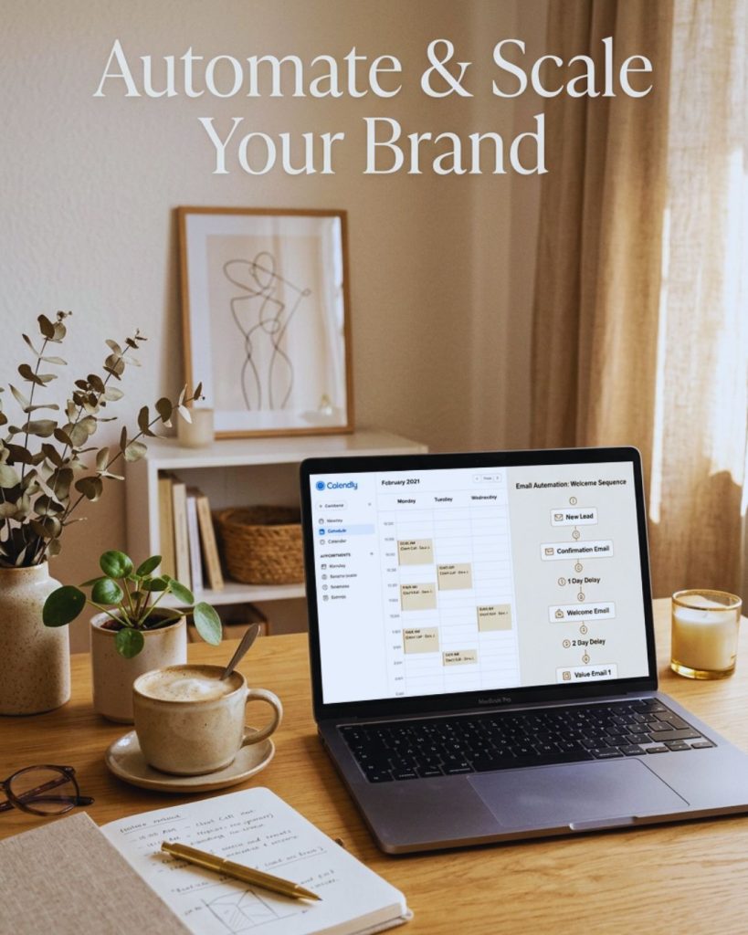 Aesthetic digital workspace showing Pinterest scheduling tools and automated email marketing system for passive income.