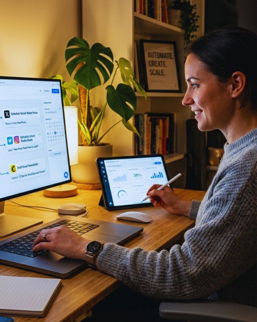 Entrepreneur using automation tools to manage blog posts, social media, and email marketing workflows.