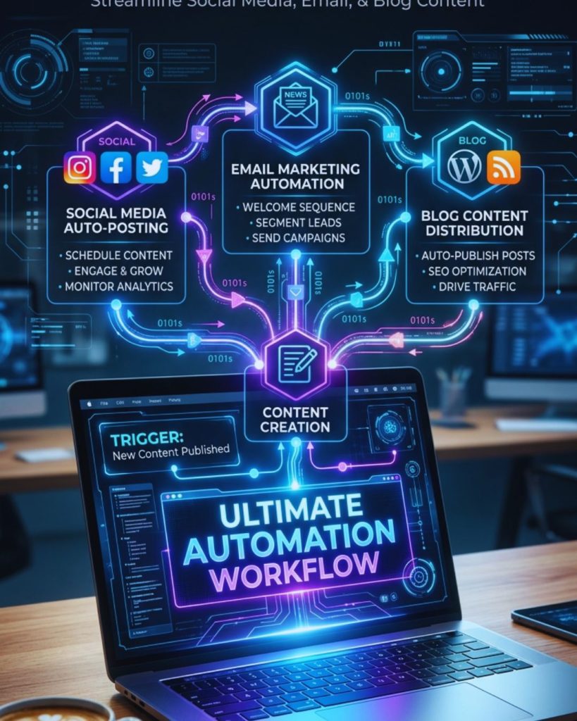 Digital automation workflow connecting content platforms to grow online business.