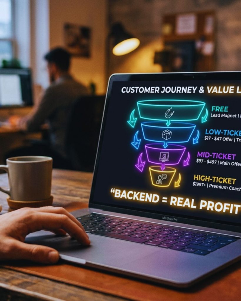 Online sales funnel with backend offers converting customers into high-ticket revenue.