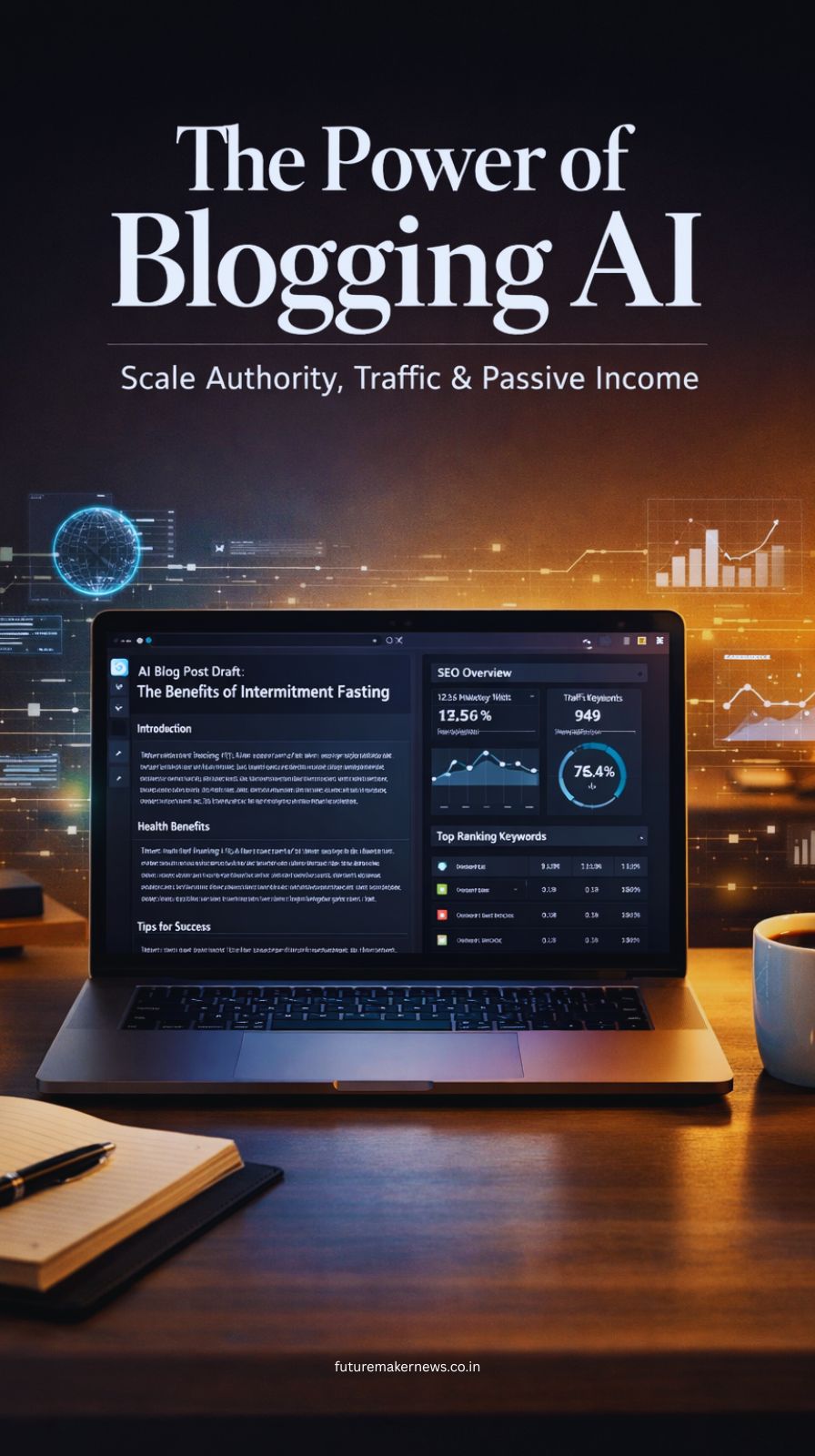 Modern workspace with laptop showing AI writing tools and SEO analytics representing automated blogging and content creation strategy.