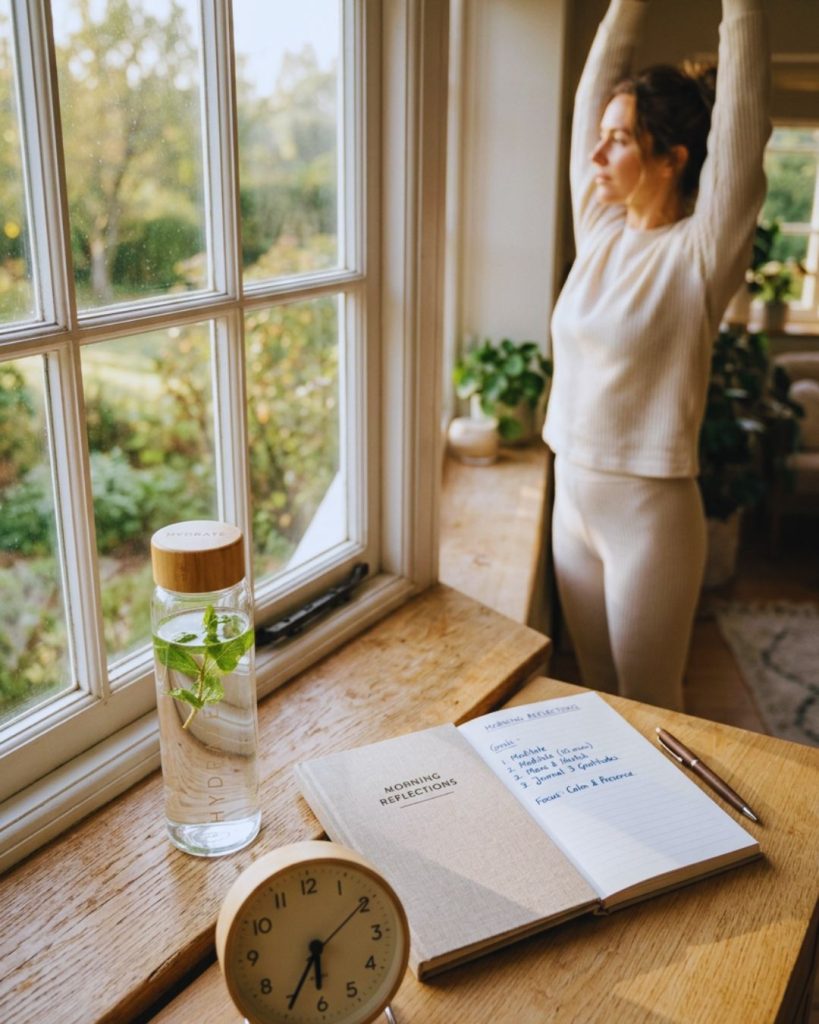 “Minimalist morning routine setup with journal, water bottle, sunlight, and a person stretching—representing discipline, self-improvement, and healthy habits.”