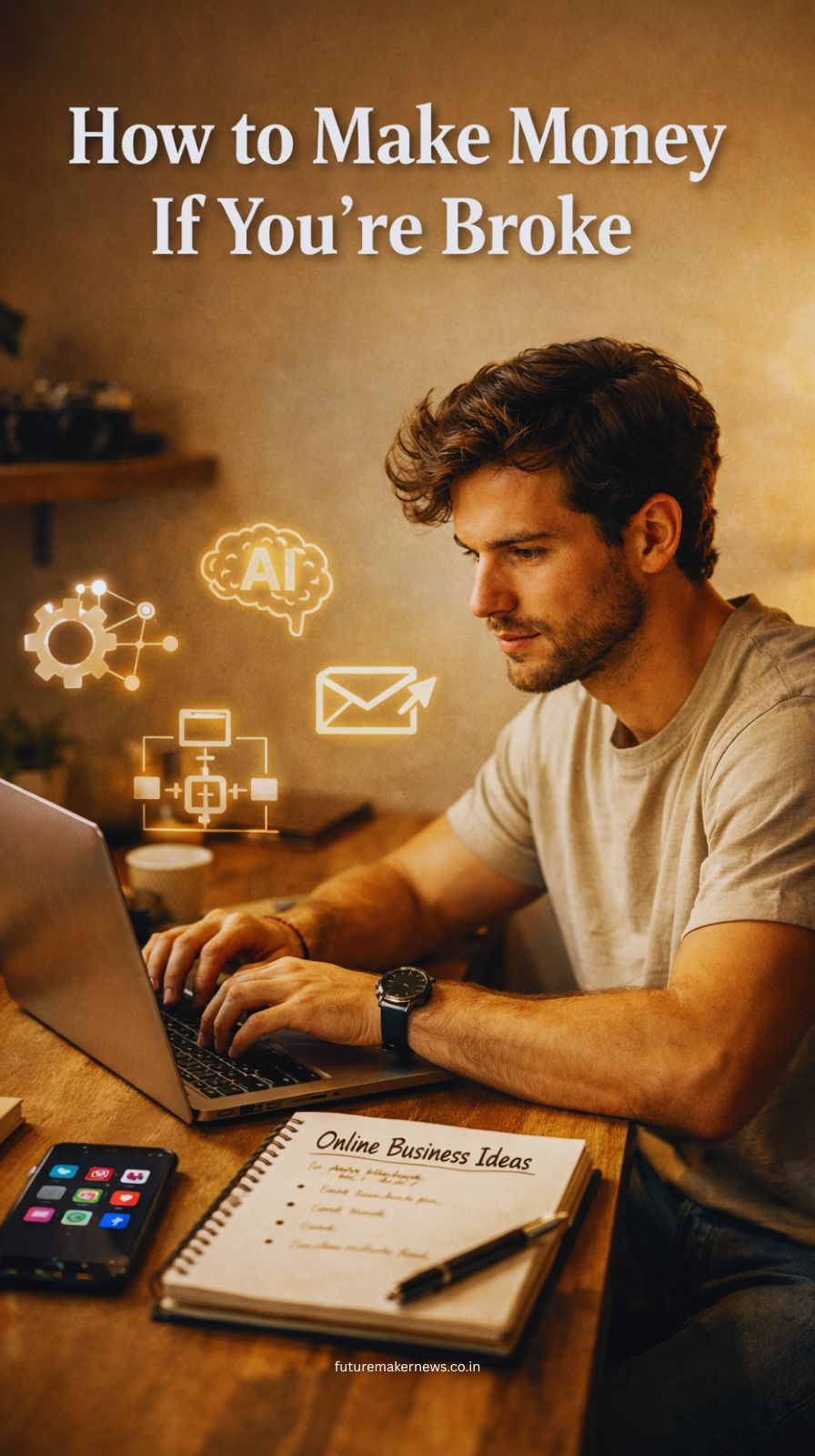 Entrepreneur starting an online business with laptop and free digital tools representing making money online with no investment.