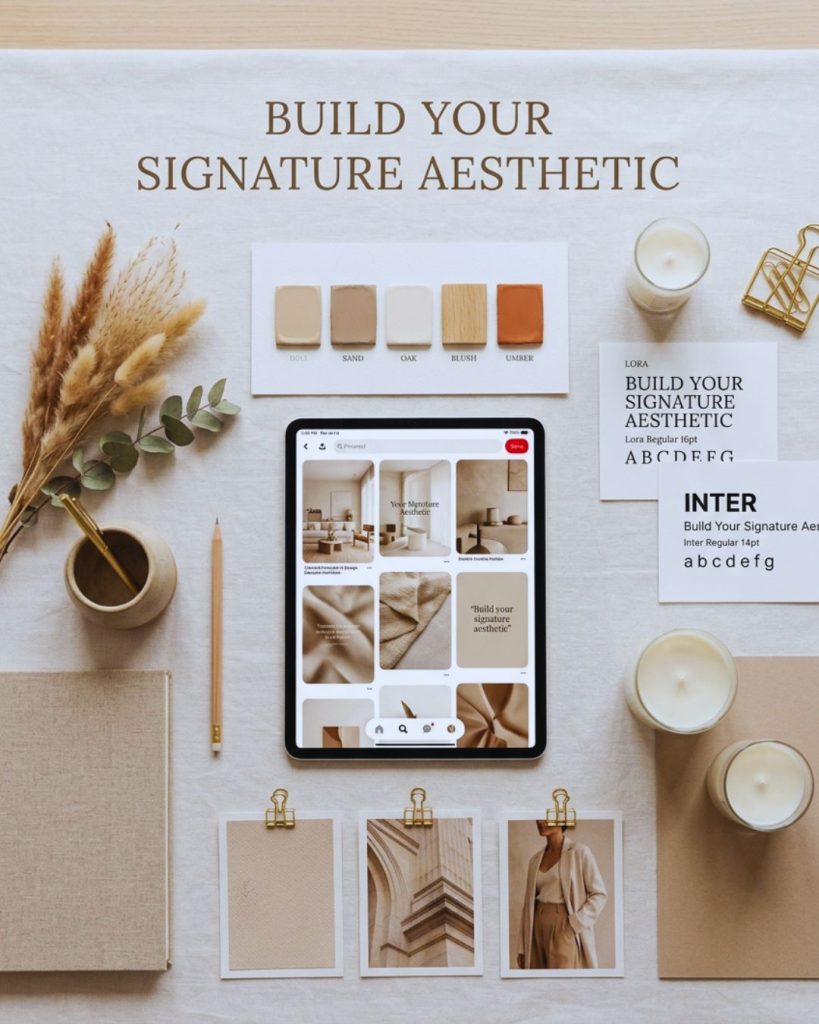 Aesthetic branding setup with color palette, typography, and mood board for creating a cohesive Pinterest brand identity.