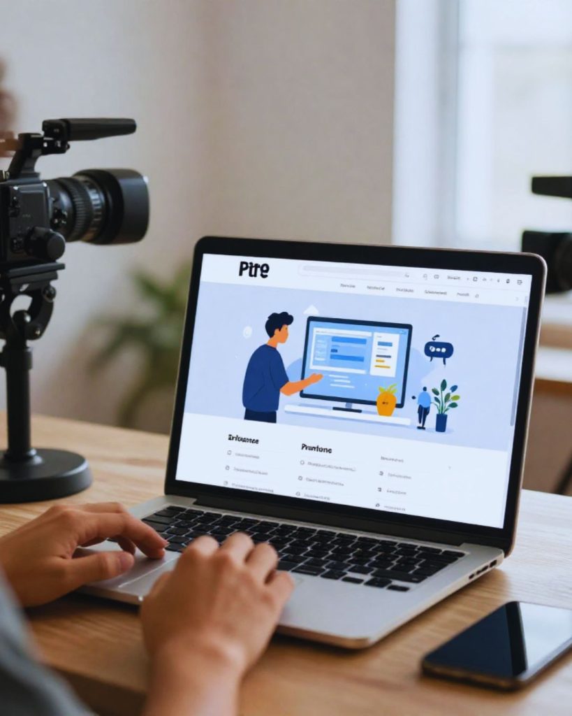 Laptop displaying website dashboard while blogger sets up digital infrastructure for content publishing.