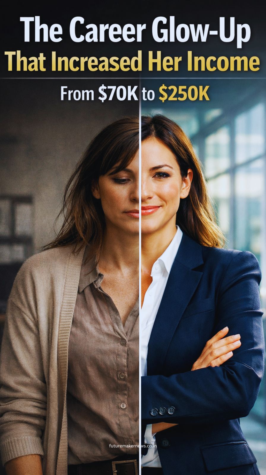 Before-and-after professional transformation showing shift from tired office look to polished executive style in modern office.
