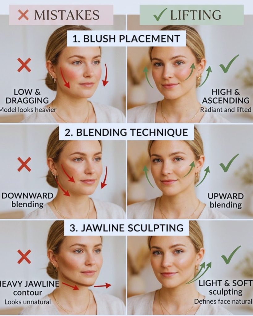Comparison of makeup mistakes like low blush and downward blending versus lifted techniques that enhance and sculpt the face.