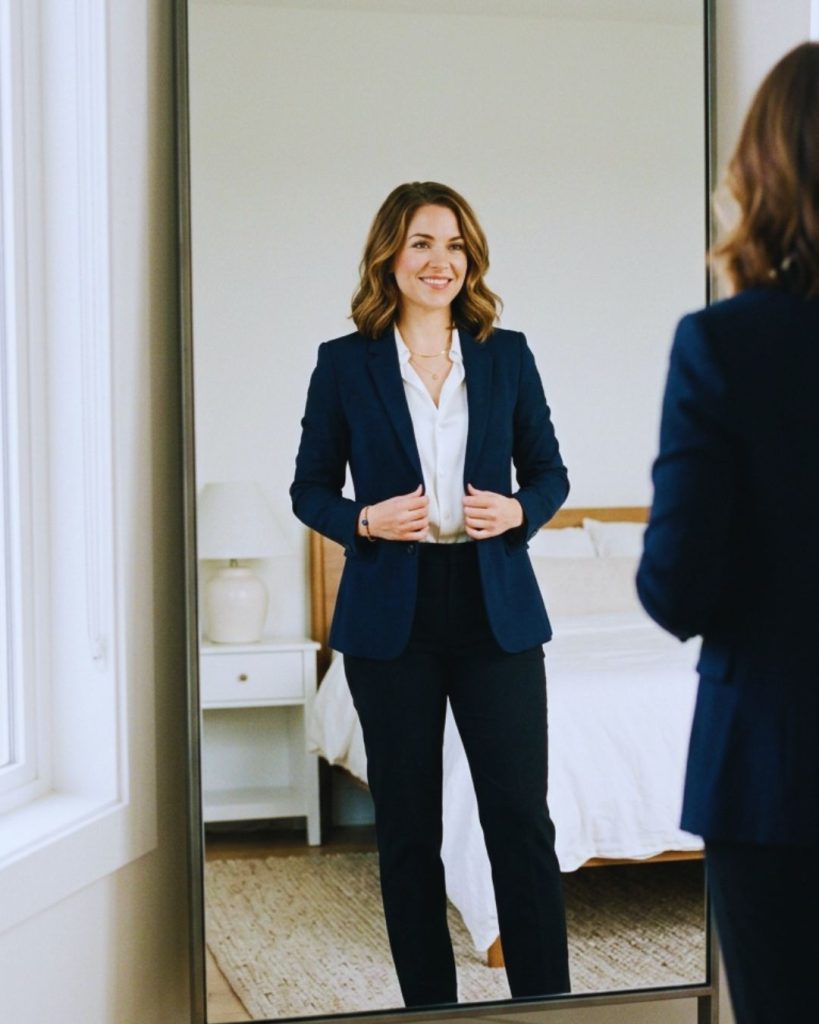 Professional adjusting blazer in mirror representing self-confidence and self-perception boost.