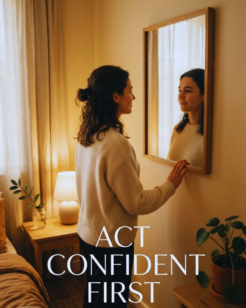 Person practicing self-confidence habits like journaling or affirmations in a calm setting.