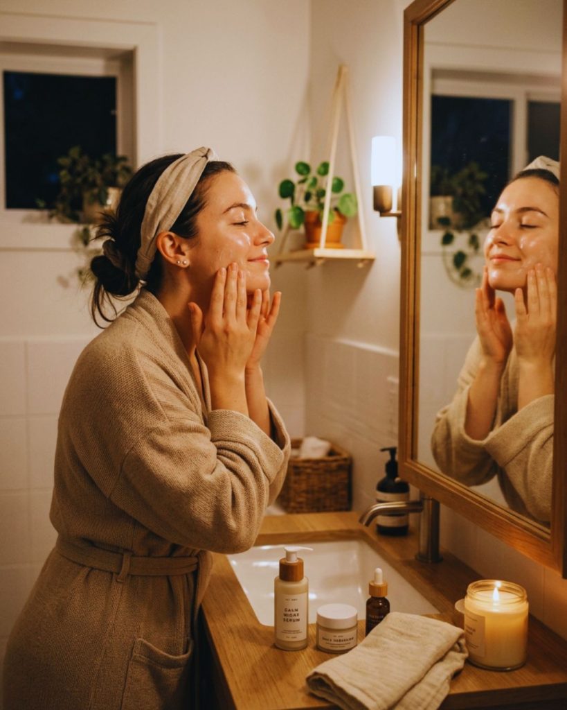 Nighttime skincare routine with a person applying products consistently for healthy glowing skin.