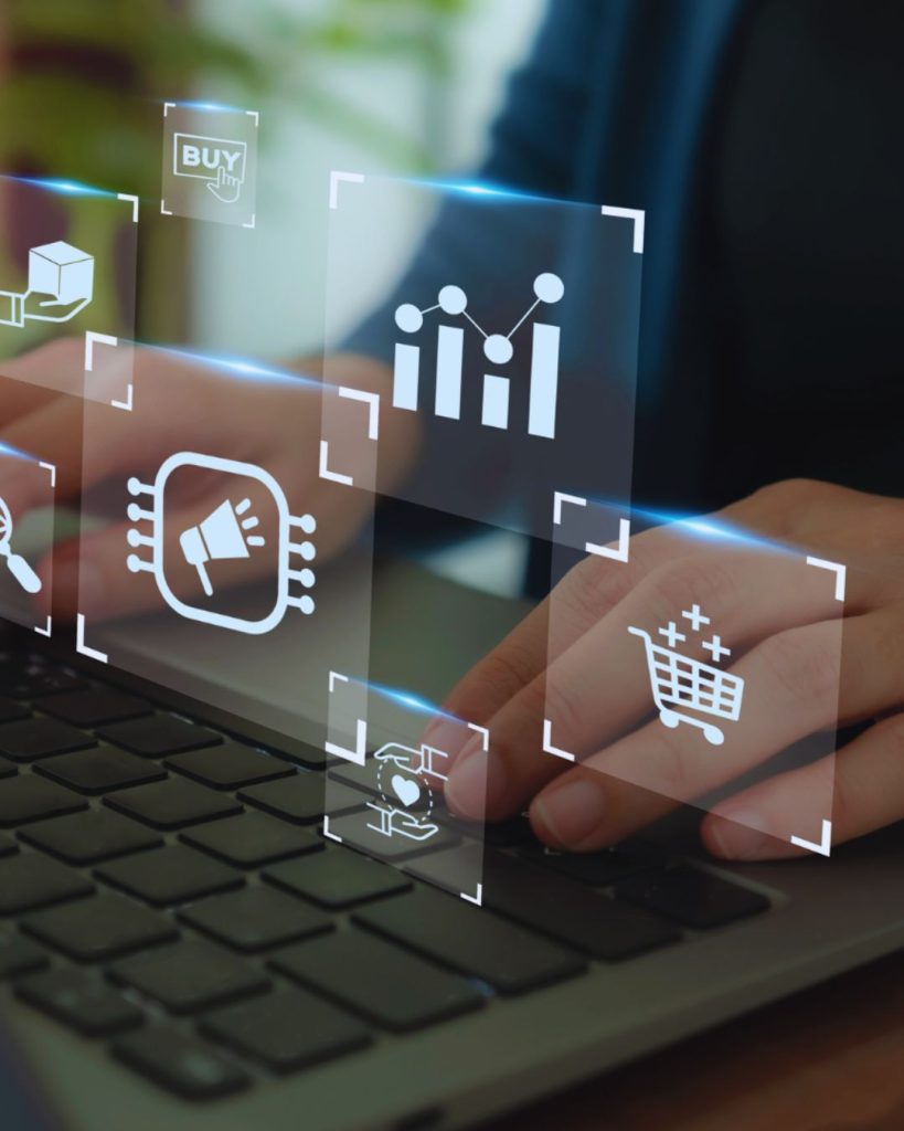 Entrepreneur scheduling social media and Pinterest posts using automation tools and content calendar.