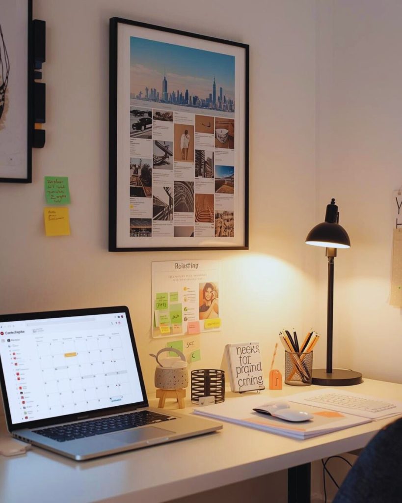 Content creator planning social media and blog posts using batching strategy.