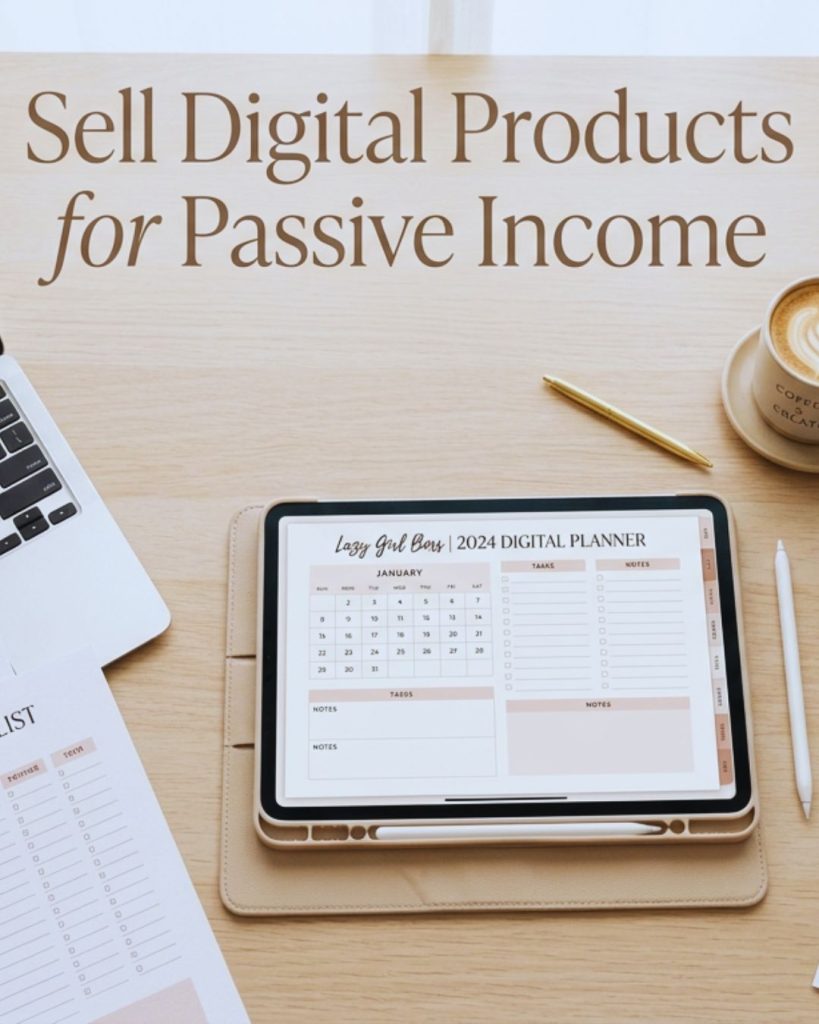 Aesthetic flat lay of digital planner, templates, and laptop showing e-book, representing passive income through selling digital products online.