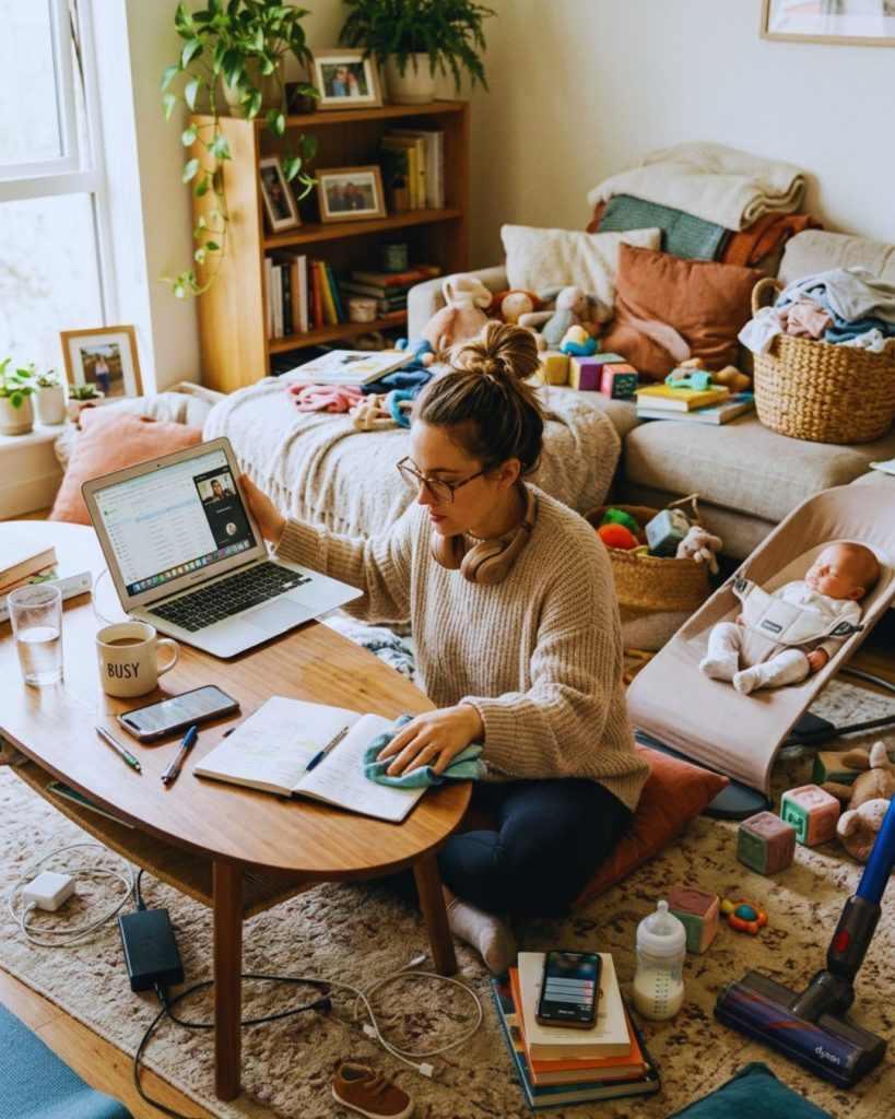 Overwhelmed woman juggling multiple tasks without outsourcing