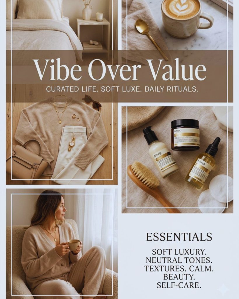 Aesthetic Pinterest-style mood board showcasing soft luxury lifestyle, neutral tones, and aspirational everyday visuals.