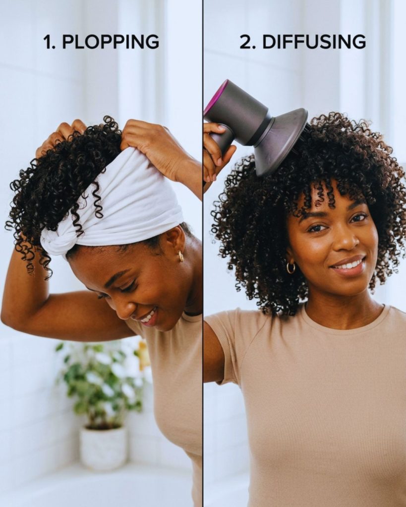 Plopping curly hair with a T-shirt and diffusing with a hair dryer for volume and frizz-free curls.