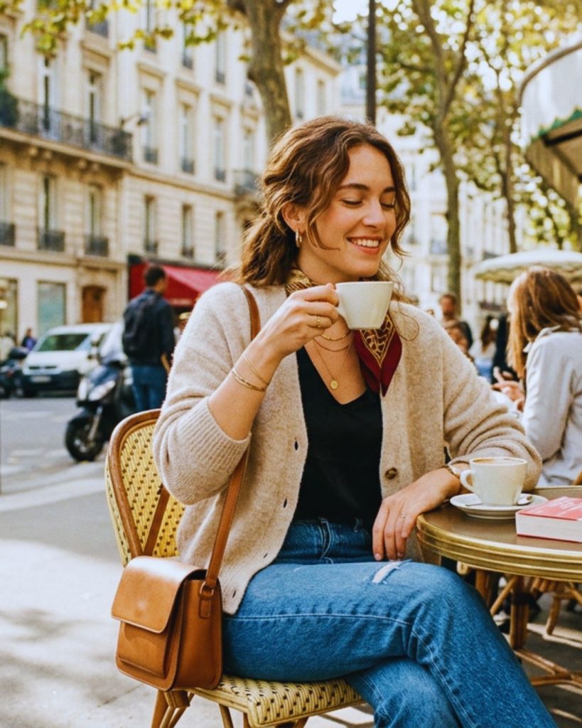 Woman enjoying a relaxed coffee moment in a chic Parisian setting with effortless style.