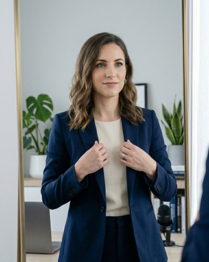 Professional adjusting tailored blazer in mirror symbolizing confidence shift through power dressing.