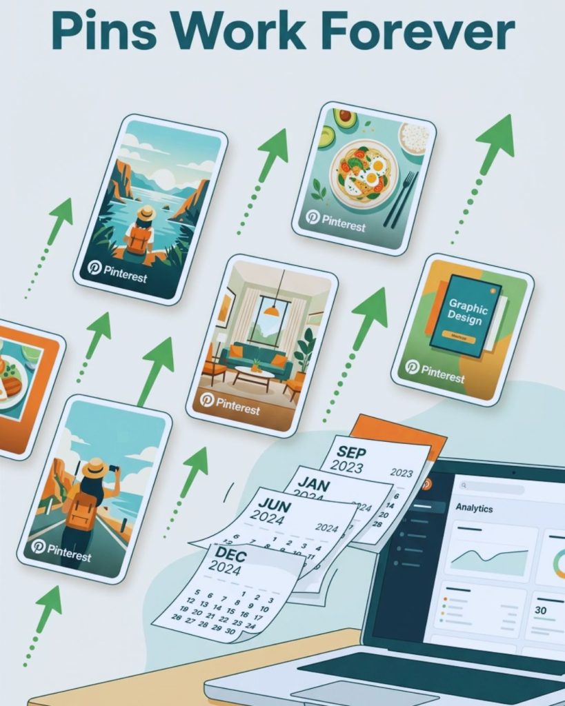 Pinterest pins generating long-term traffic growth over time like compound interest.
