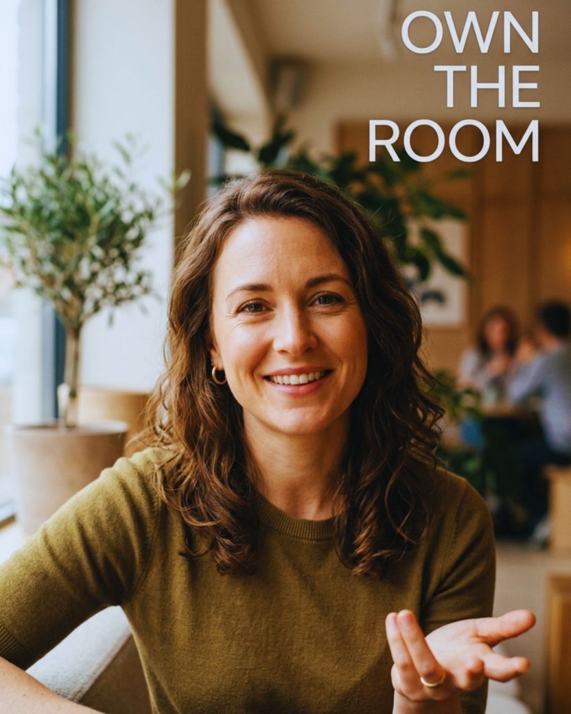 Person maintaining confident eye contact and open body language in a conversation.