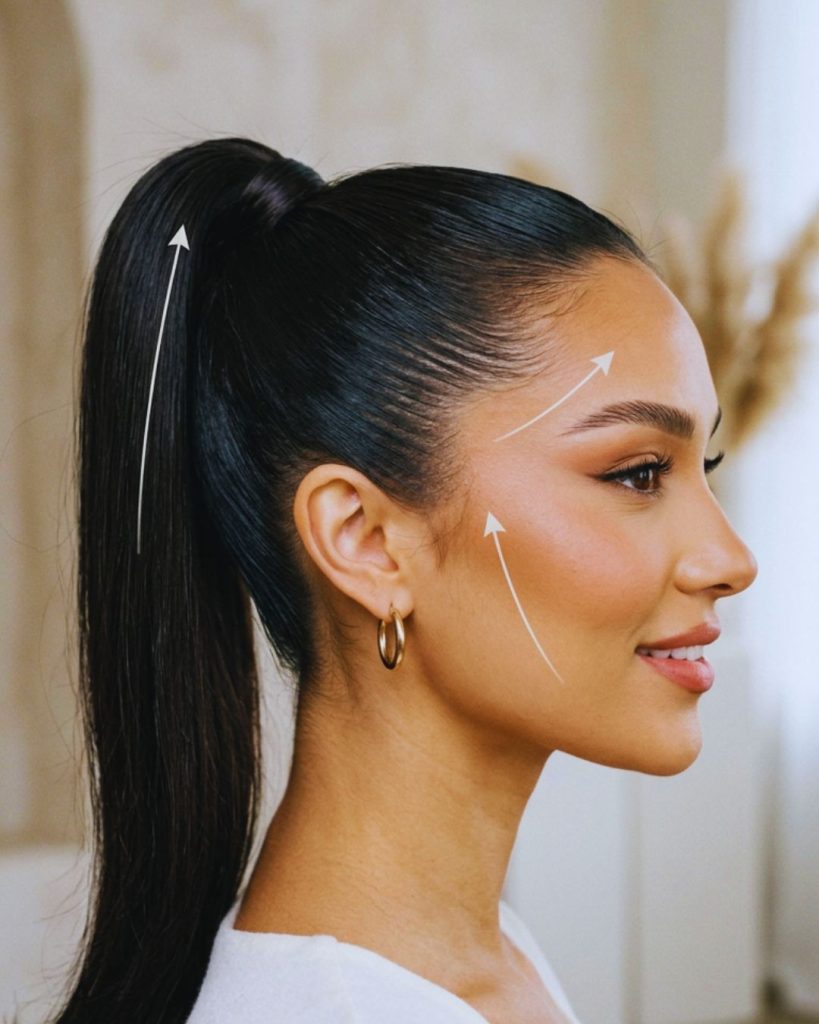 Woman with high ponytail and straight brows styled upward to create a lifted and elongated face appearance.