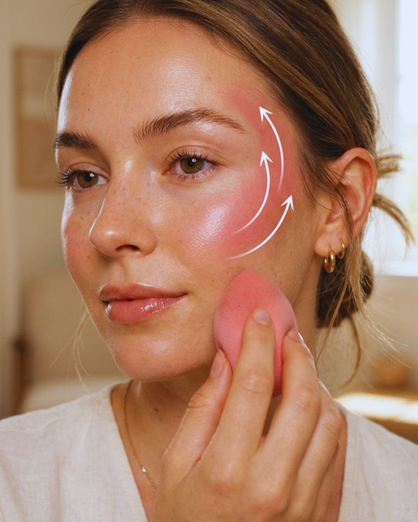 High cheekbone blush placement blended toward temples in upward motion to create a lifted and youthful face look.