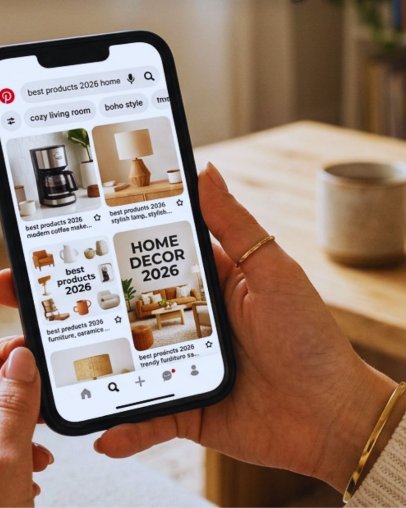 User searching on Pinterest for products and ideas showing high purchase intent behavior.