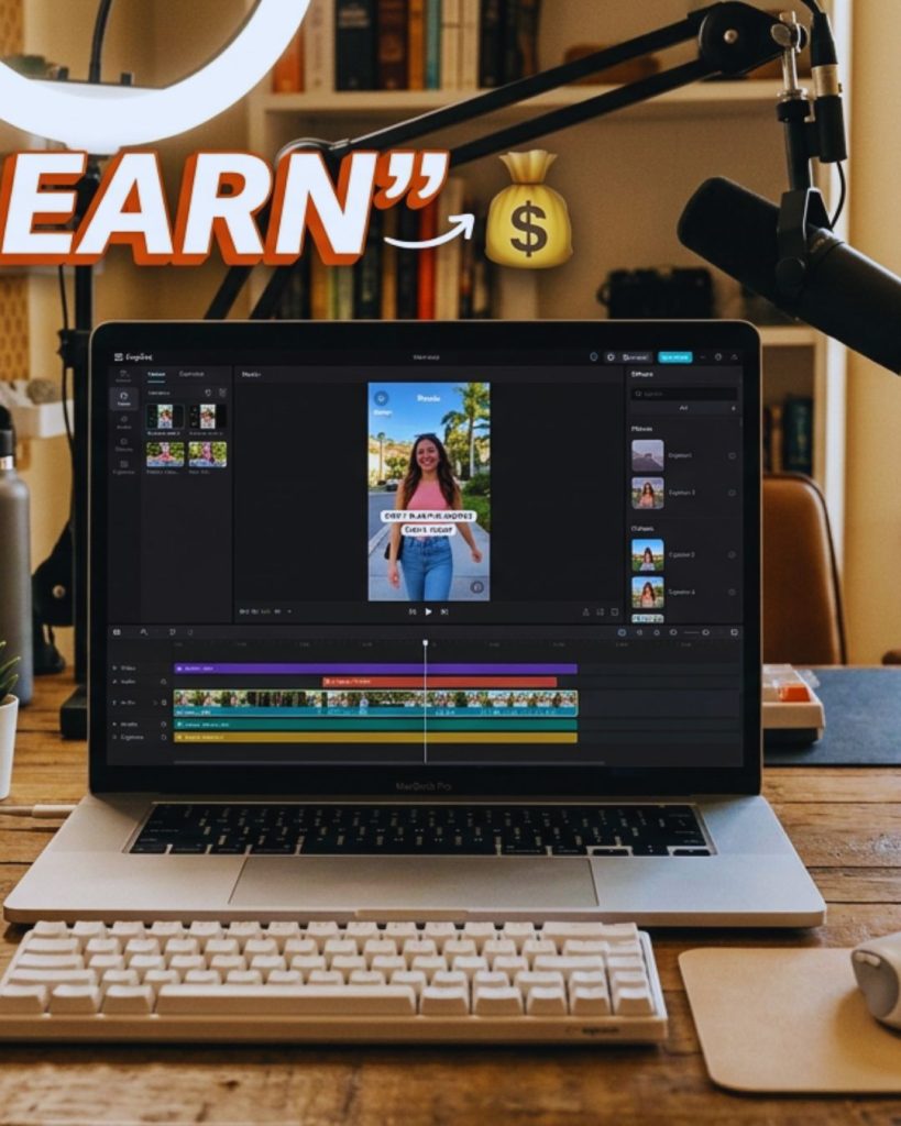 Short-form video editing process with reels timeline and social media engagement notifications.