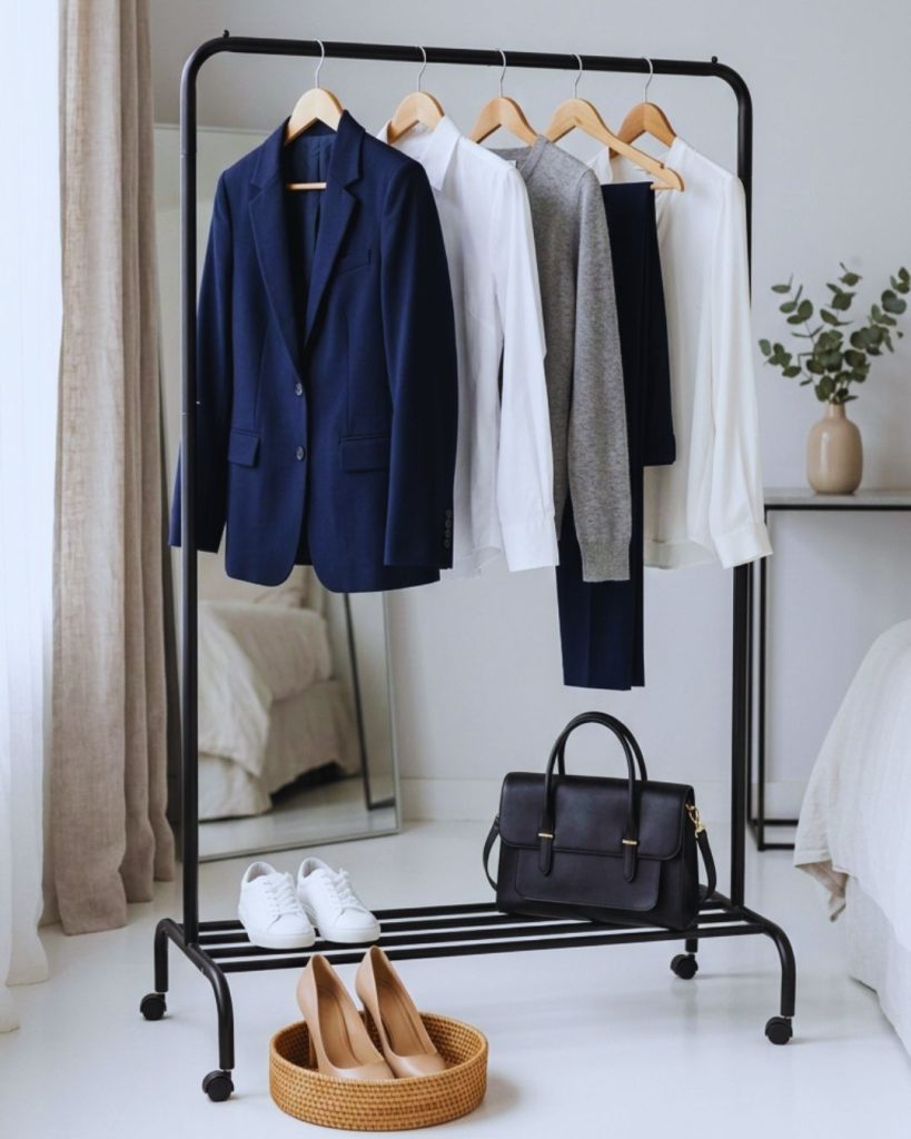 Capsule wardrobe with tailored blazer and structured accessories representing high-status personal branding.