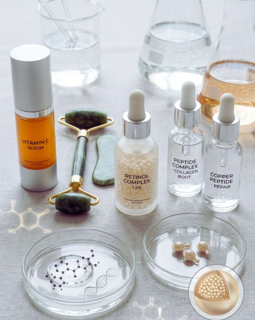 Advanced skincare products with vitamin C airless pump, encapsulated retinol, and peptide serums showing formulation technology.